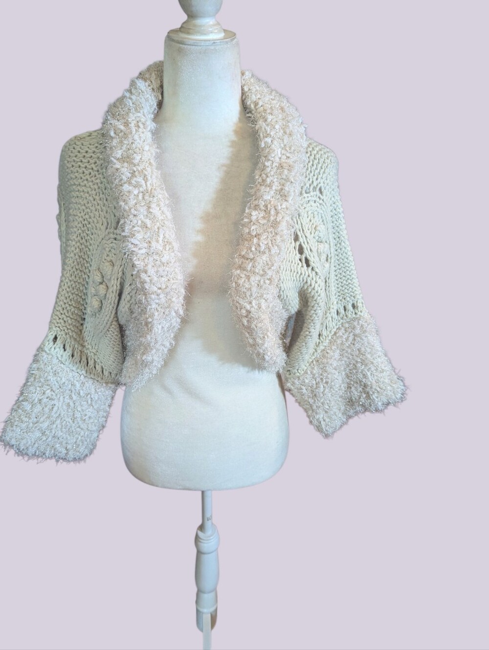 Cream Open-Front Knit Shrug Sweater Popcorn Shaggy Blush Pink Trim Y2K Vibe Sz M